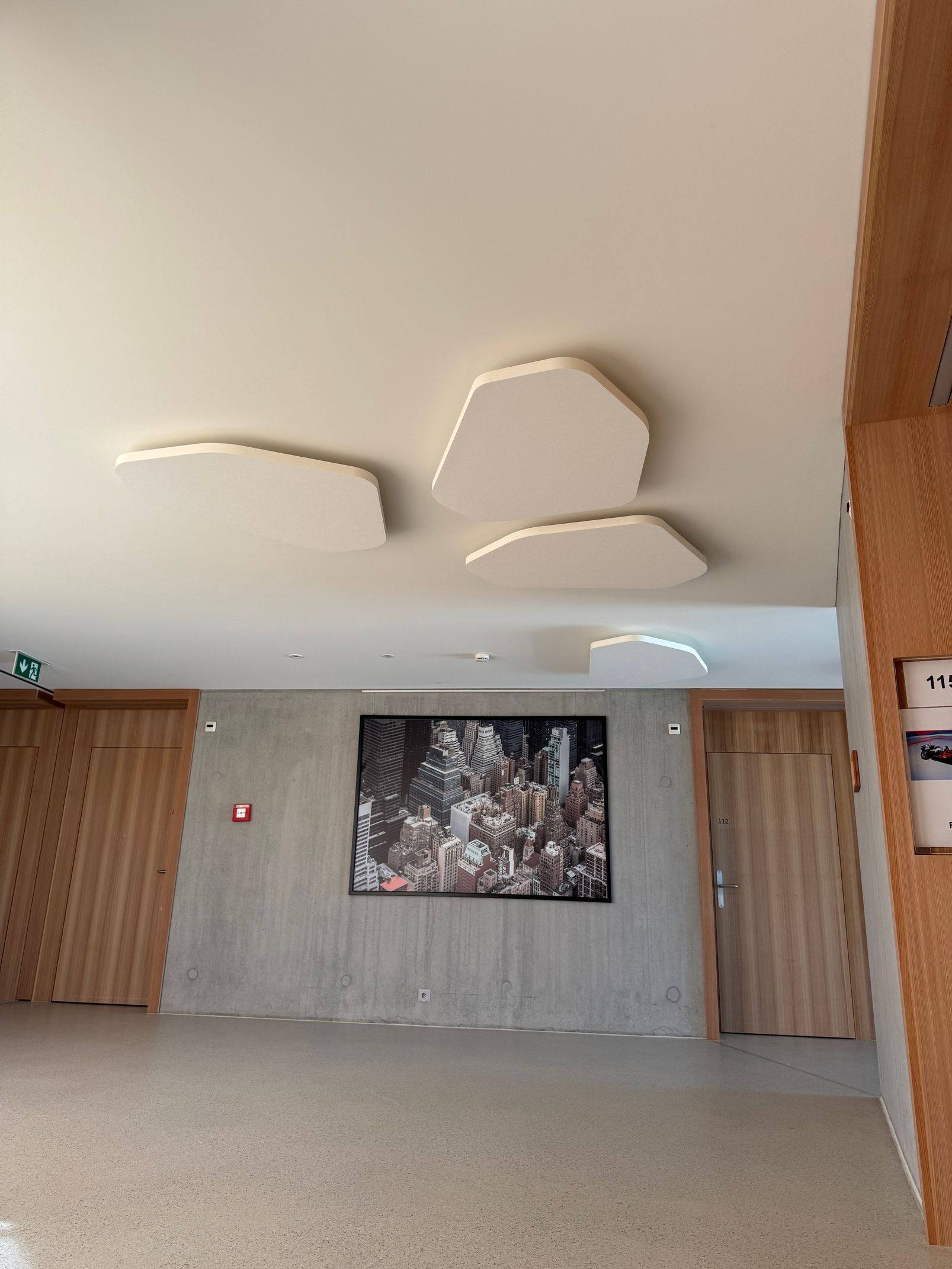 Hall d'entrée moderne avec panneaux de plafond incurvés, portes en bois, mur en béton et œuvre d'art encadrée.