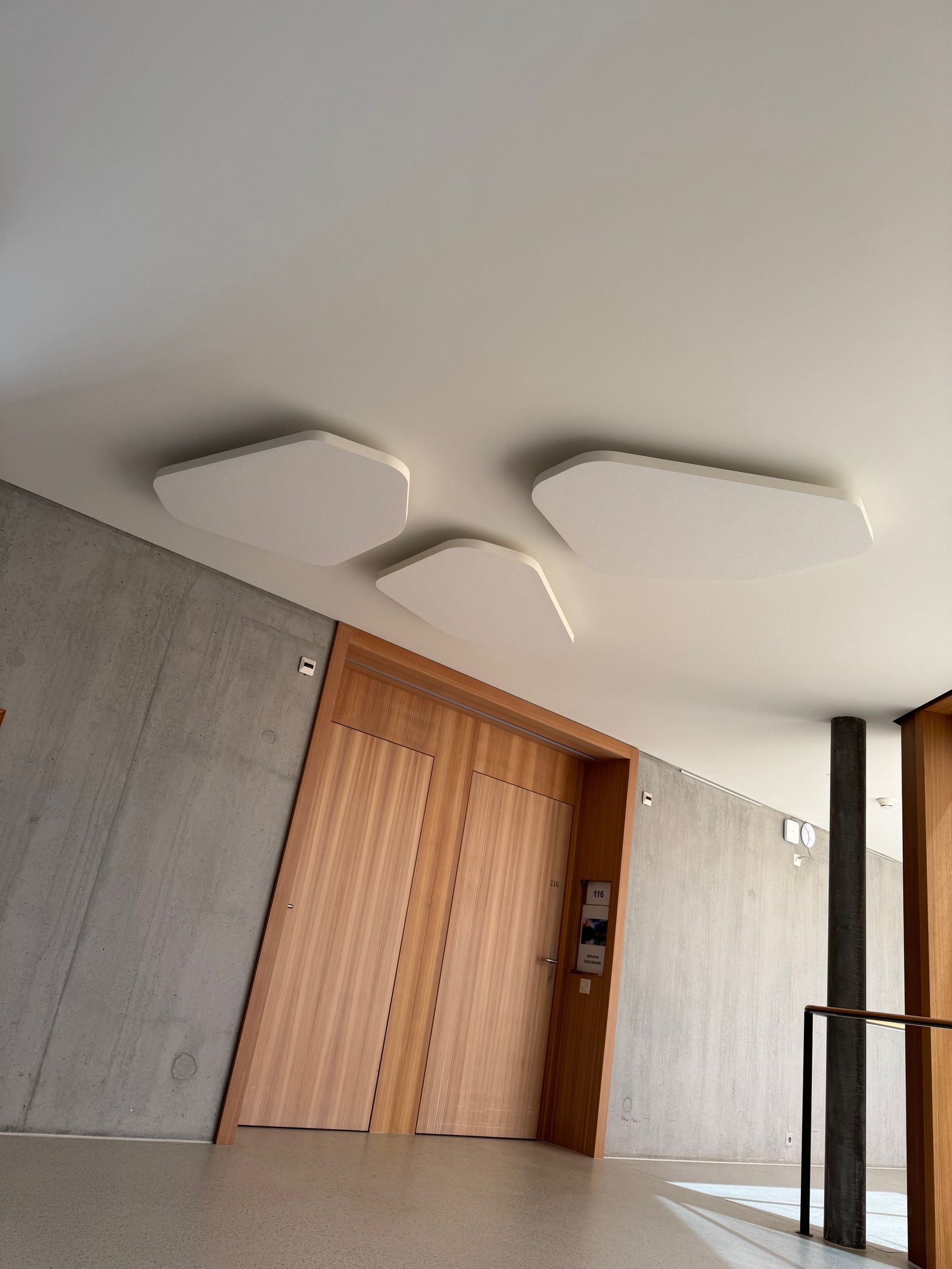 Plafond avec panneaux acoustiques blancs au-dessus d'une porte en bois dans un couloir intérieur en béton.