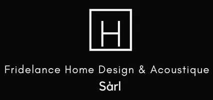 Logo noir avec un H blanc dans un carré et le texte « Fridelance Home Design & Acoustique Sàrl » sur fond noir