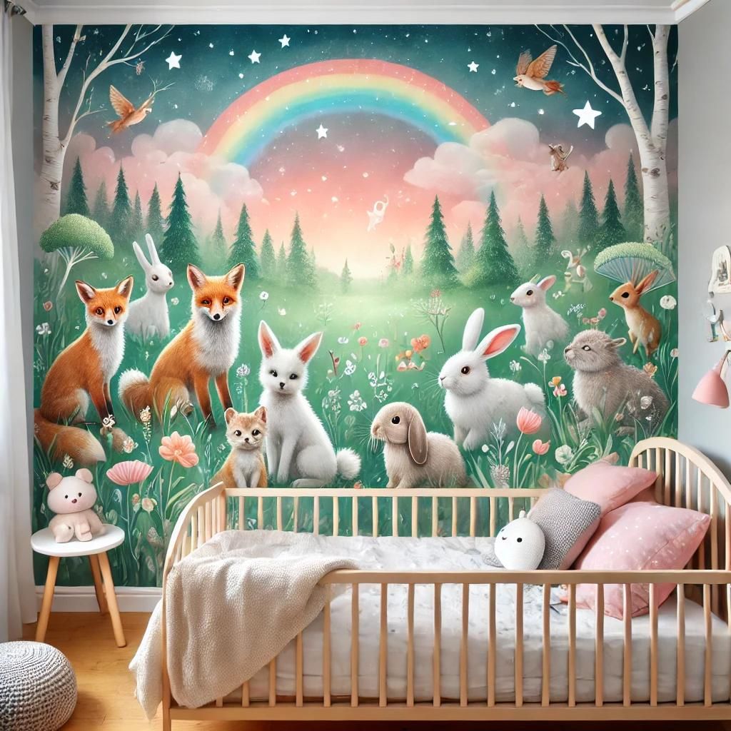 Fresque murale ludique pour chambre d'enfant sur le thème de la forêt