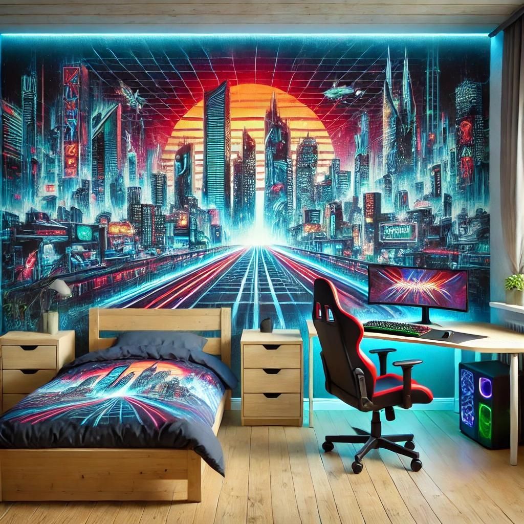 Chambre de jeu futuriste avec fresque murale de ville au néon, lit, bureau, chaise rouge, deux écrans et PC rétroéclairé RGB.