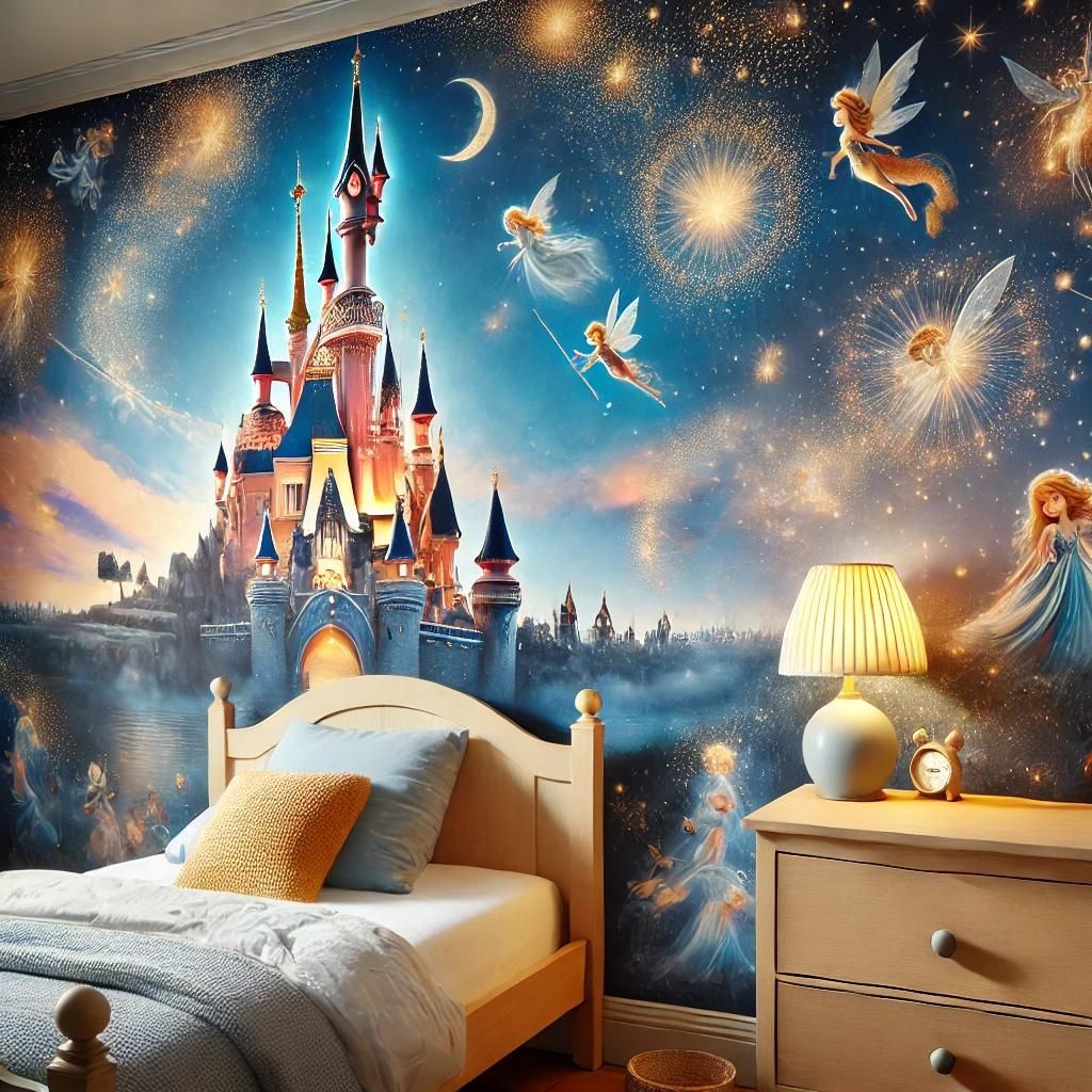 Une fresque représentant un château de conte de fées orne le dessus d'un lit d'enfant dans une chambre.