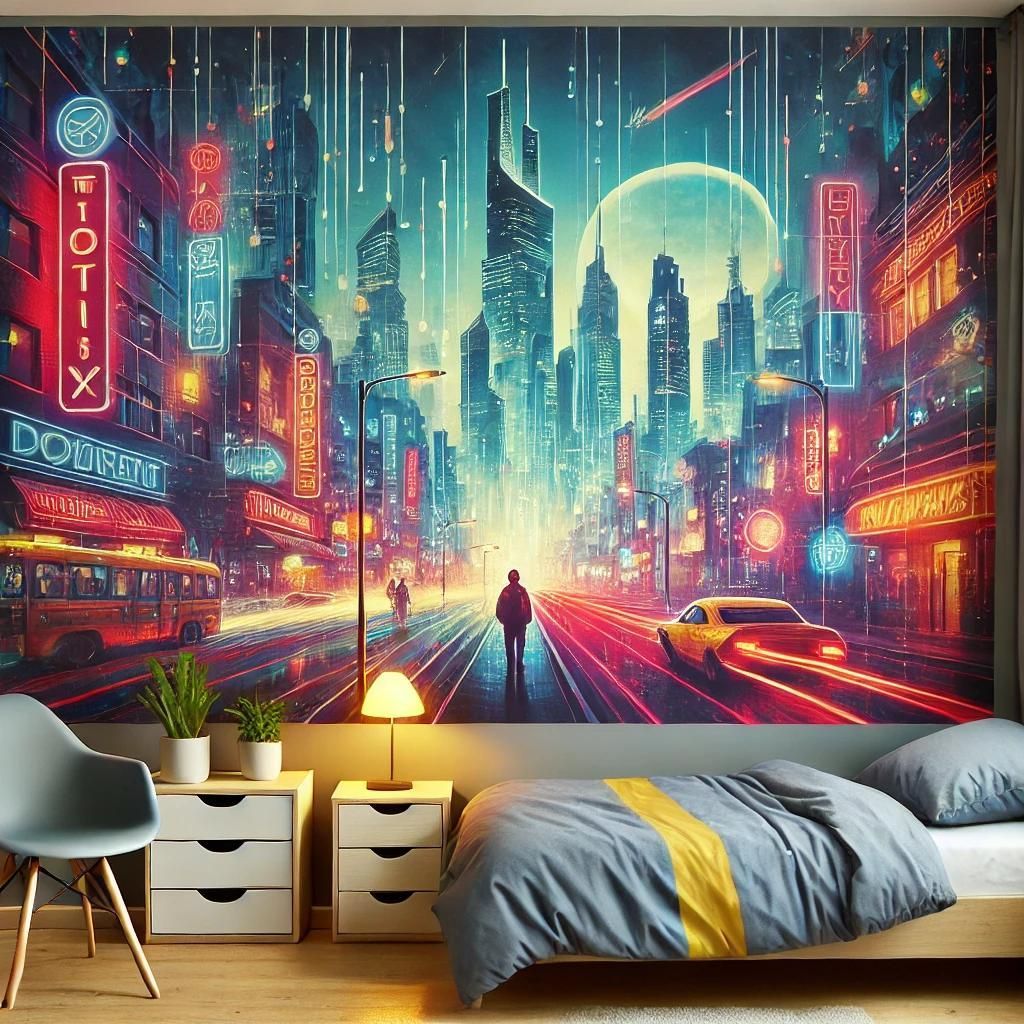 Fresque murale néon cyberpunk représentant un paysage urbain, derrière une chambre confortable avec lit, chaise et commode.