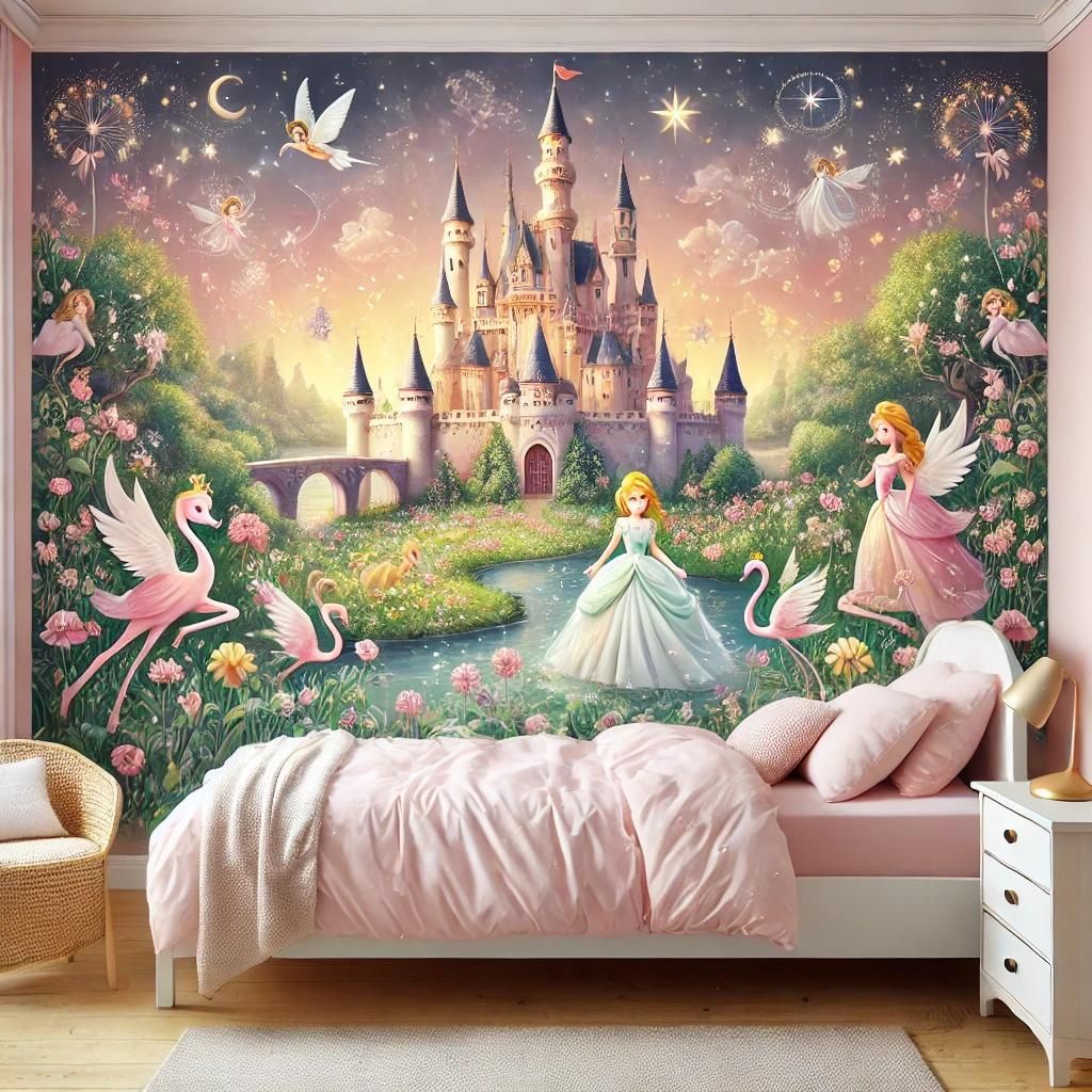 Chambre de princesse de rêve avec fresque murale de château, lit rose et décoration pastel
