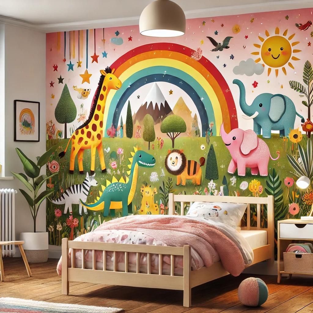 Chambre d'enfant colorée sur le thème de la jungle avec une fresque arc-en-ciel et des décorations murales d'animaux
