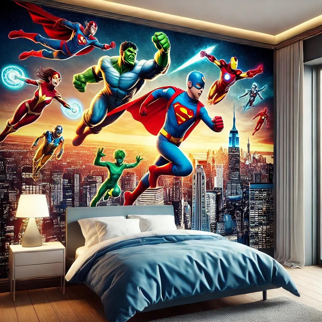 Fresque murale sur le thème des super-héros au-dessus du lit