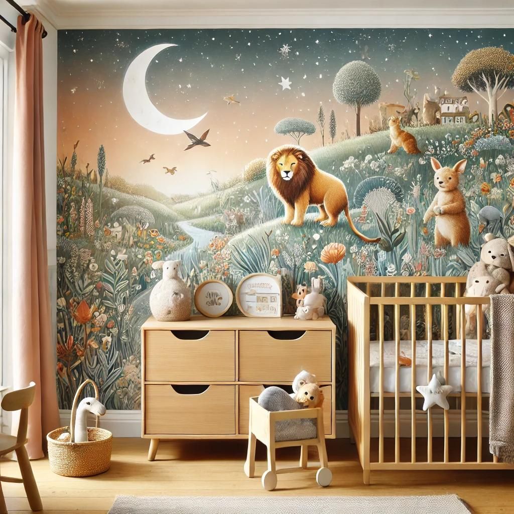 Chambre d'enfant fantaisiste avec fresque de lion, berceau, commode et peluches aux douces teintes pastel