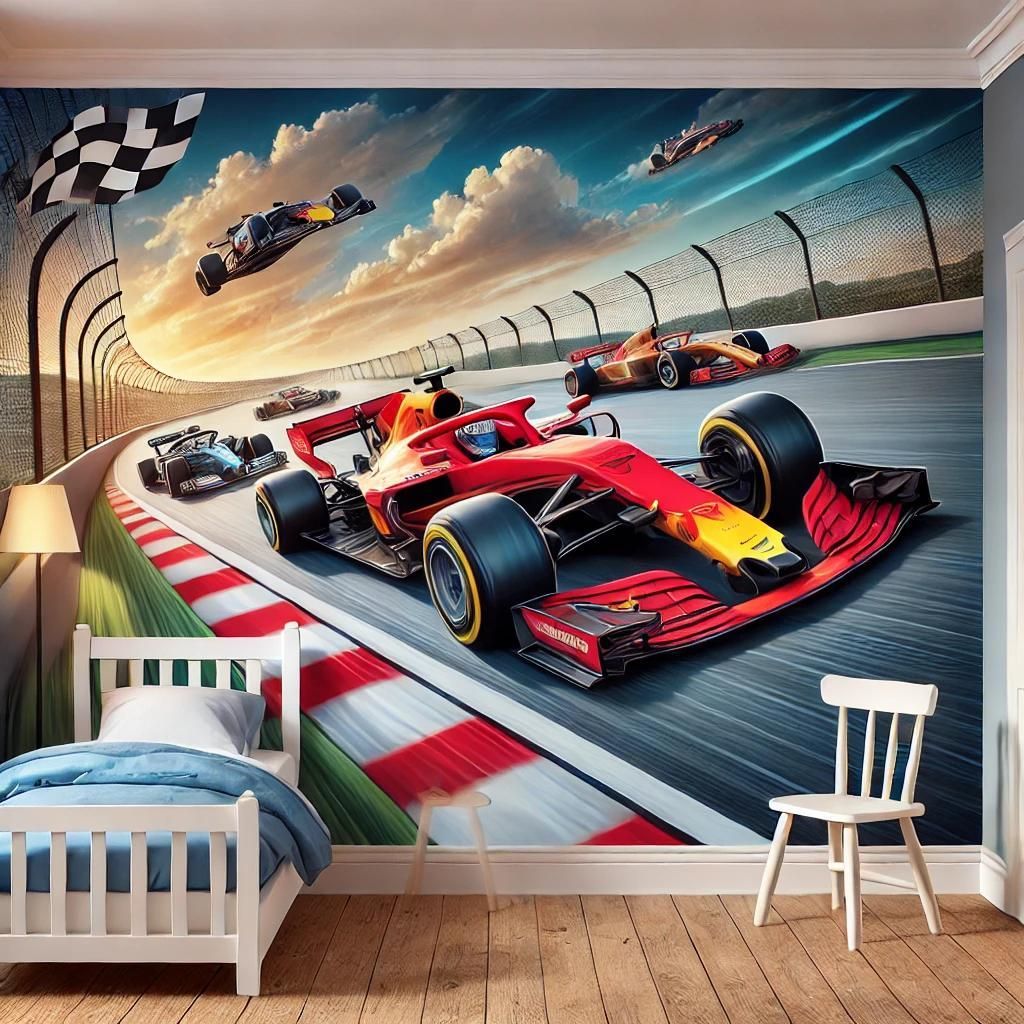 Fresque murale représentant une voiture de course dans une chambre d'enfant