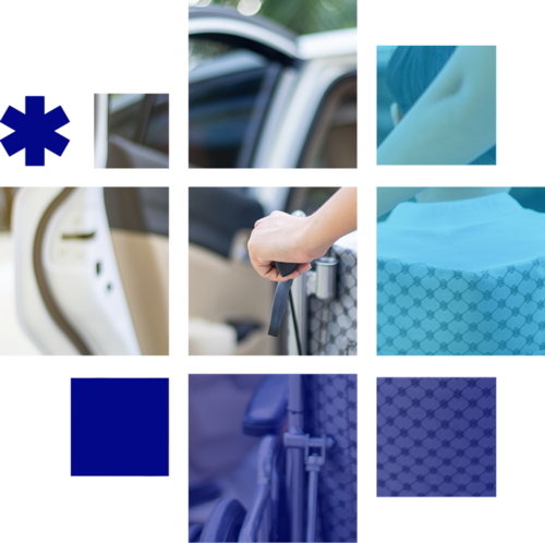 Image d'un transport de PMR dans une voiture, stylisée avec des carrés bleus