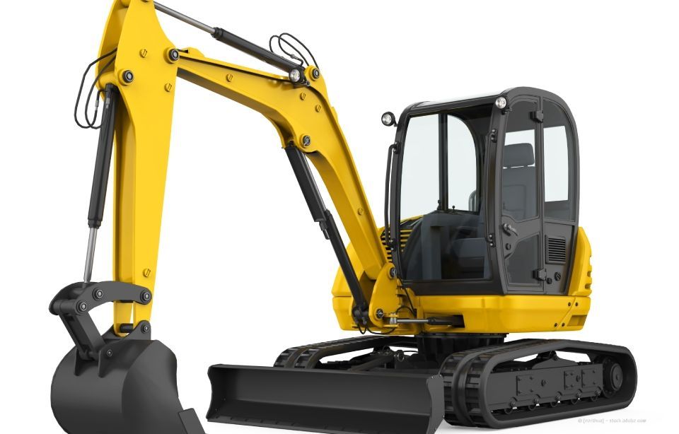 Gelb-schwarzer Minibagger auf Ketten, Schaufel ausgefahren.