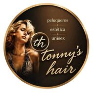 Logo circular dorado y negro de &ldquo;th Tonny&rsquo;s hair&rdquo; con texto &ldquo;peluqueros est&eacute;tica unisex&rdquo; y mujer estilizada.