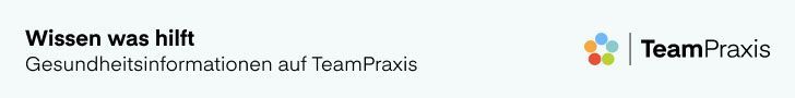 Text: Wissen was hilft. Gesundheitsinformationen auf TeamPraxis. Logo: TeamPraxis.