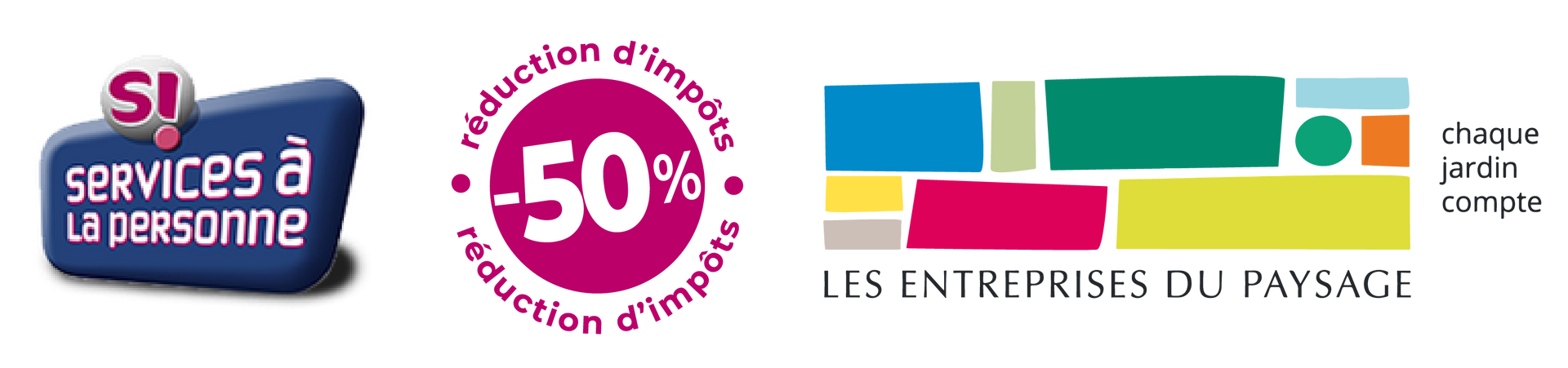 Logo Services à la personne, Logo -50% réduction d'impôts, Logo Les entreprises du paysage, chaque jardin compte.