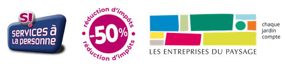 Logo Services à la personne, Logo -50% réduction d'impôts, Logo Les entreprises du paysage, chaque jardin compte.