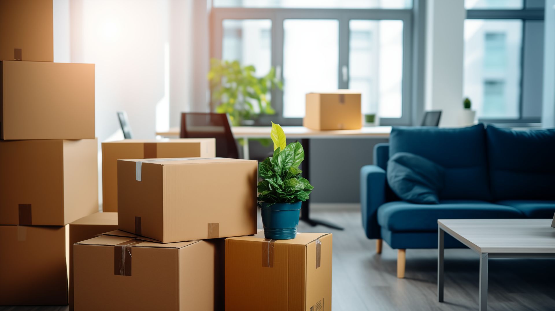 Des cartons empilés dans une pièce lumineuse avec un canapé bleu et une plante, suggérant un déménagement.