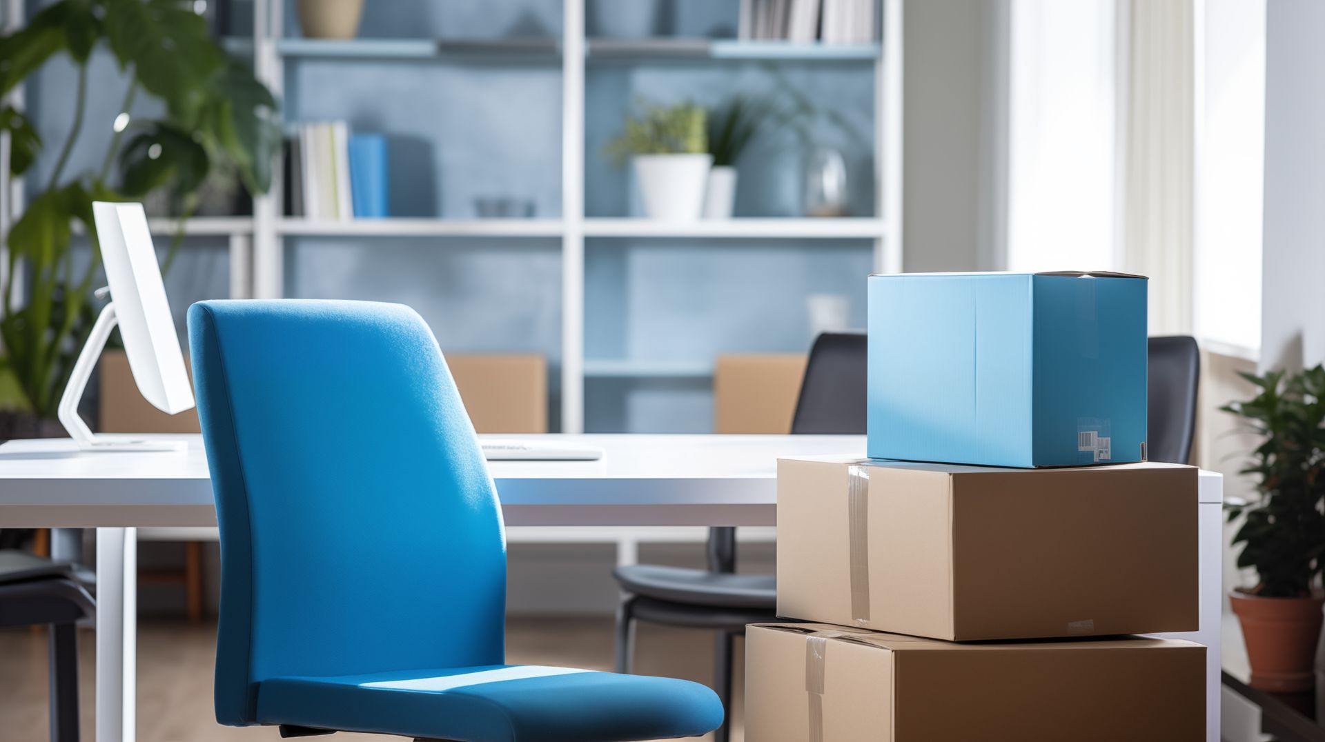 Intérieur de bureau avec chaise bleue, bureau et cartons de déménagement empilés.