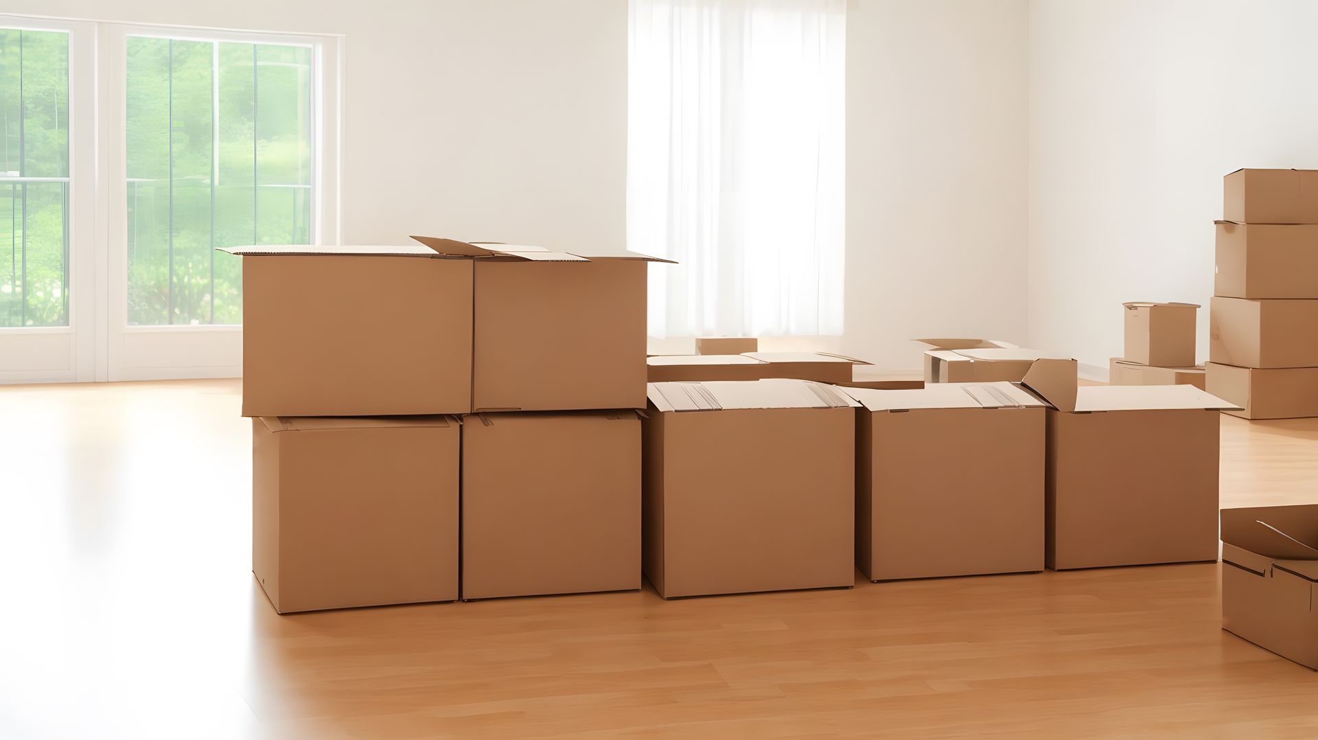 Des cartons empilés dans une pièce lumineuse avec une fenêtre. On prépare un déménagement.