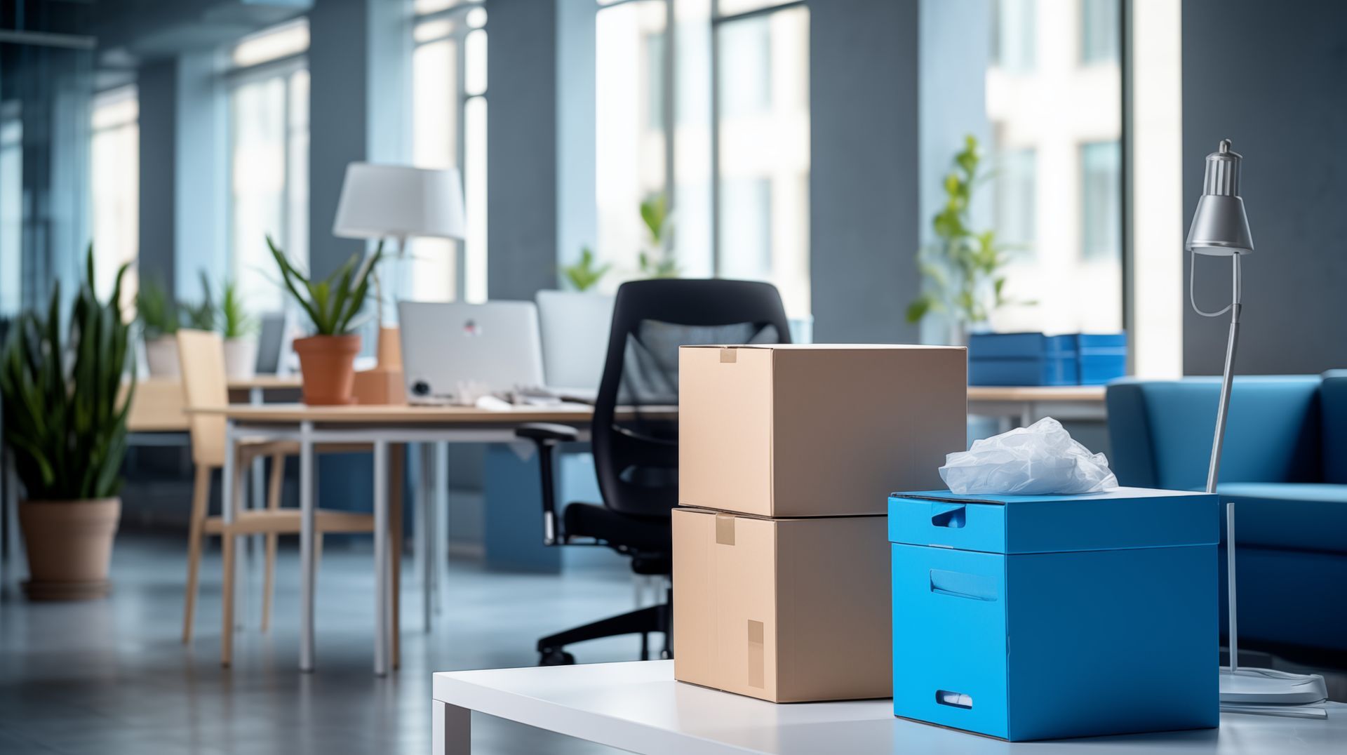 Des cartons sont empilés sur une table dans un bureau où se trouvent un bureau, une chaise et un canapé. On aperçoit des plantes et des fenêtres.