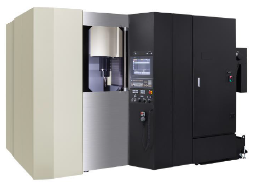 Máquina CNC industrial de gran tamaño, bicolor beige y negro, con cabezal de fresado vertical.