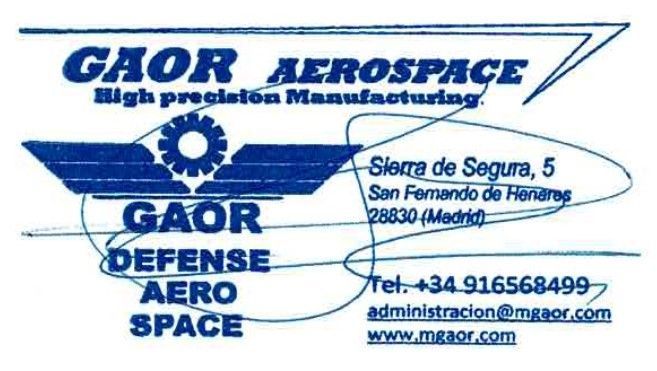 Tarjeta de presentación azul y blanca de GAOR Aerospace con logotipo, información de contacto y dirección web.