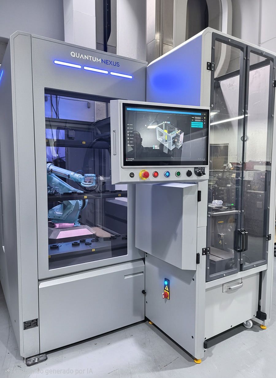 Máquina de embalaje robótica industrial con panel de control táctil y cabina de seguridad, iluminada en un entorno de fábrica.