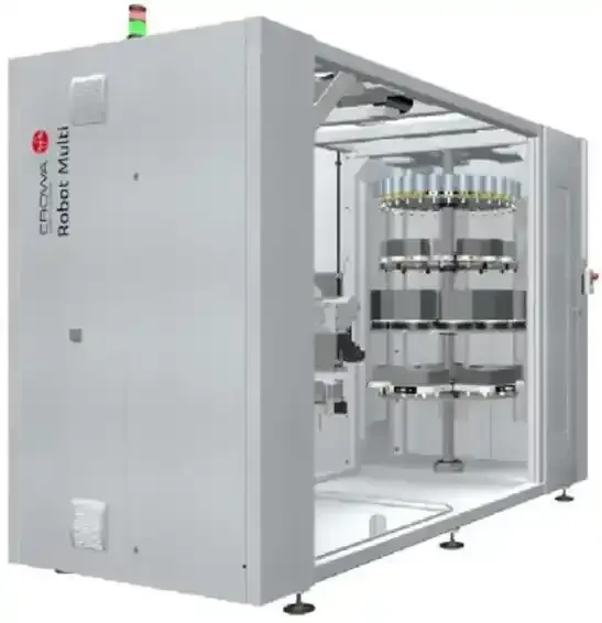 Gran robot industrial con múltiples brazos giratorios dentro de una carcasa. Se ve el icono 