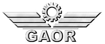 Logotipo con engranaje y alas sobre las letras "GAOR".