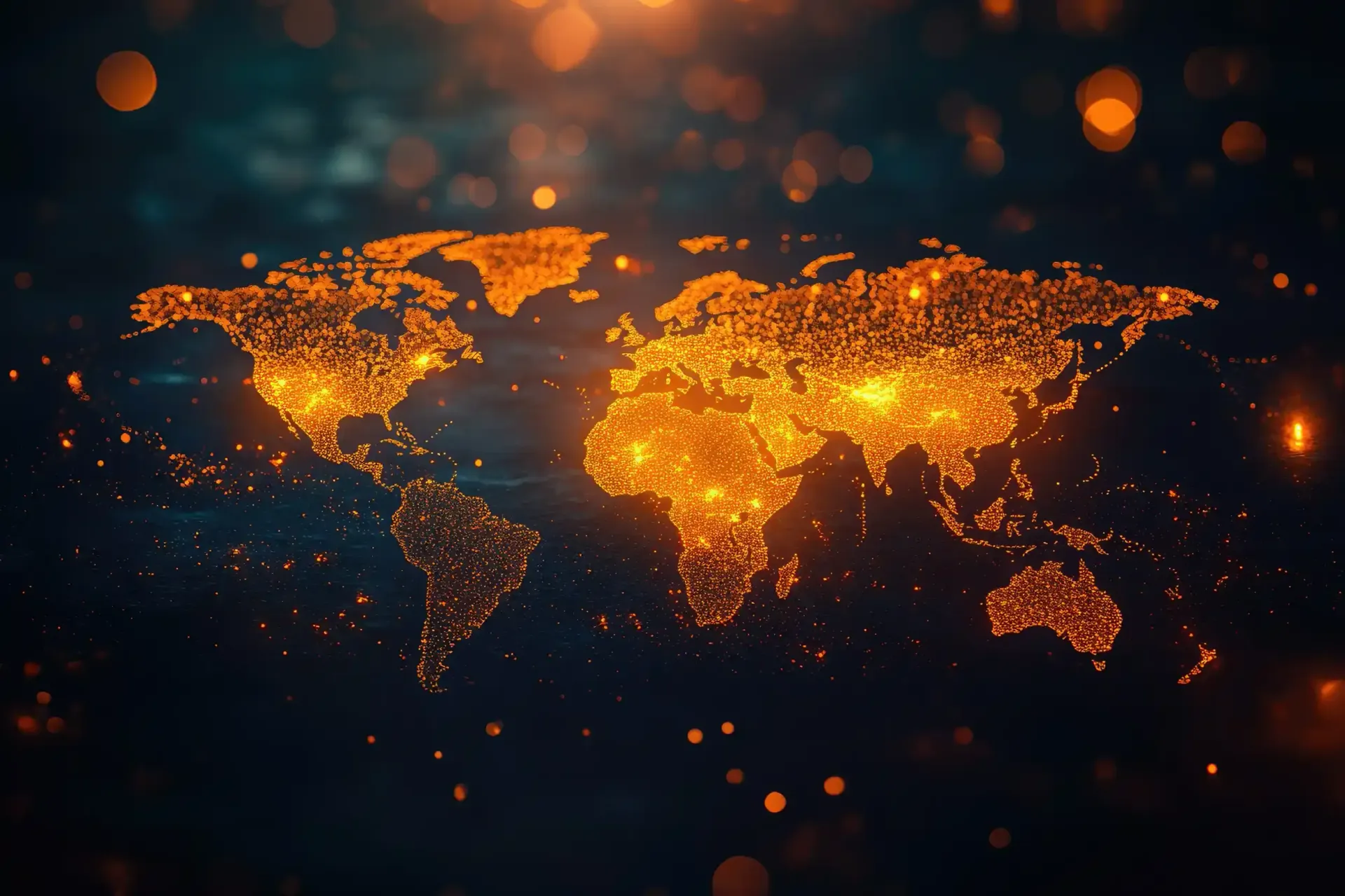 Mapa del mundo, luces doradas brillantes sobre un fondo oscuro.