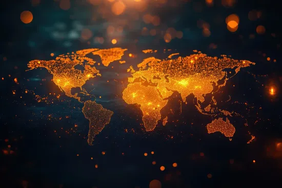 Mapa del mundo, luces doradas brillantes sobre un fondo oscuro.