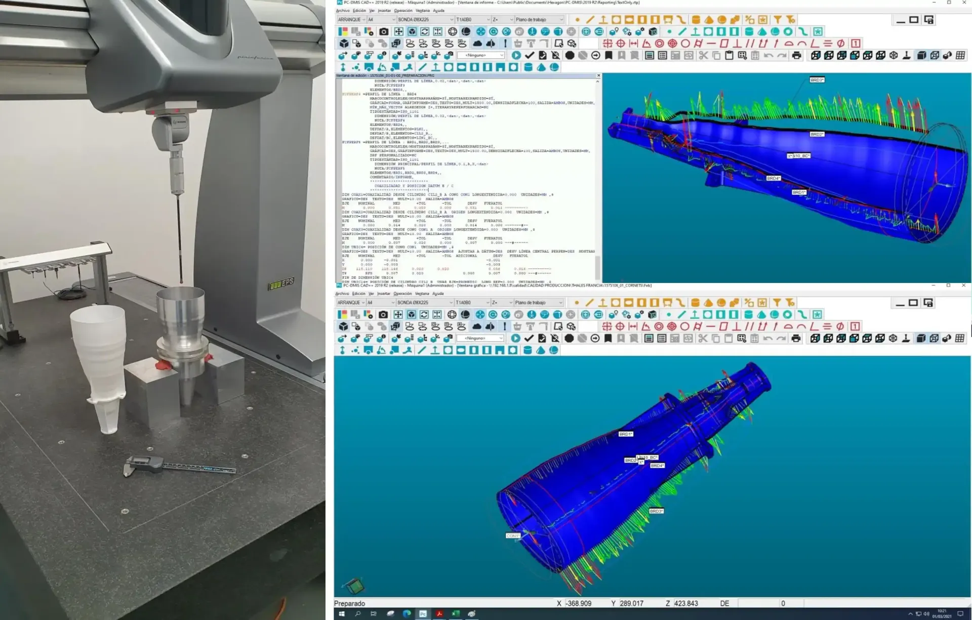 Una máquina de medición por coordenadas (MMC) inspecciona una pieza. El software muestra un modelo 3D con puntos de datos.