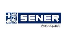 Logotipo para SENER Aeroespacial: cuadro azul con nombre de la empresa en texto blanco y gráficos estilizados.