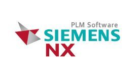 Logotipo para Siemens NX, software PLM. Presenta una forma geométrica en rojo y gris y texto en verde azulado.
