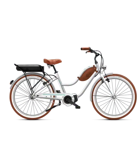 Un vélo électrique blanc et marron avec un panier.
