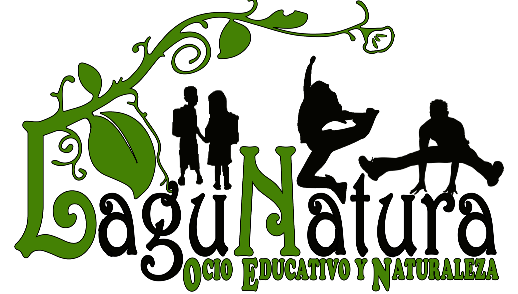 Logotipo: "LaguNatura" con una enredadera de hojas verdes. Siluetas de personas y gimnastas. Texto: "Ocio Educativo y Naturaleza".