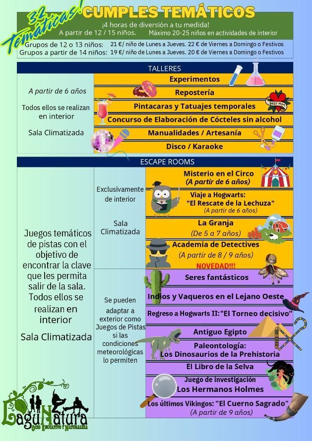 Un folleto de cumpleaños temáticas con talleres, que incluye opciones de actividades, rangos de edad y precios.