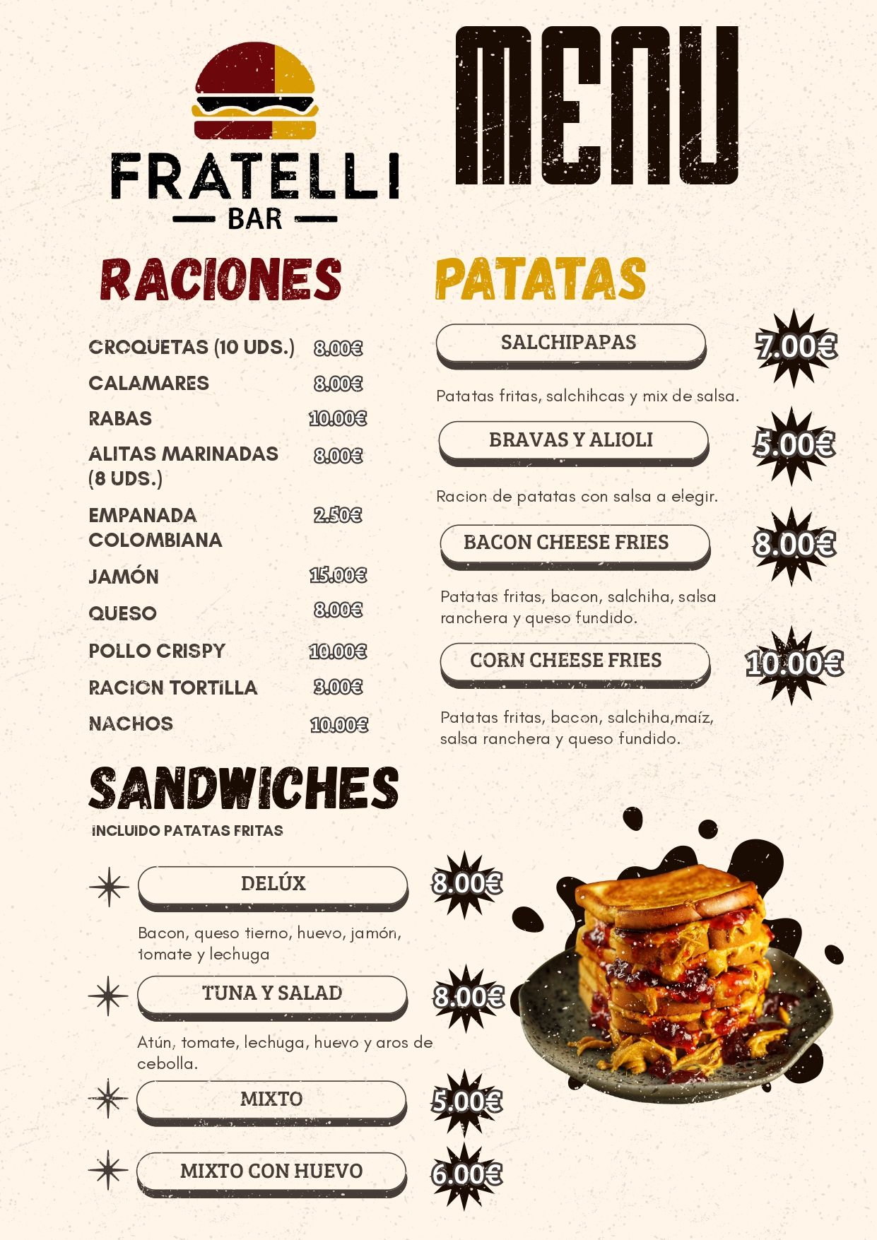 Un menú para un restaurante con una imagen de un sándwich en un plato.