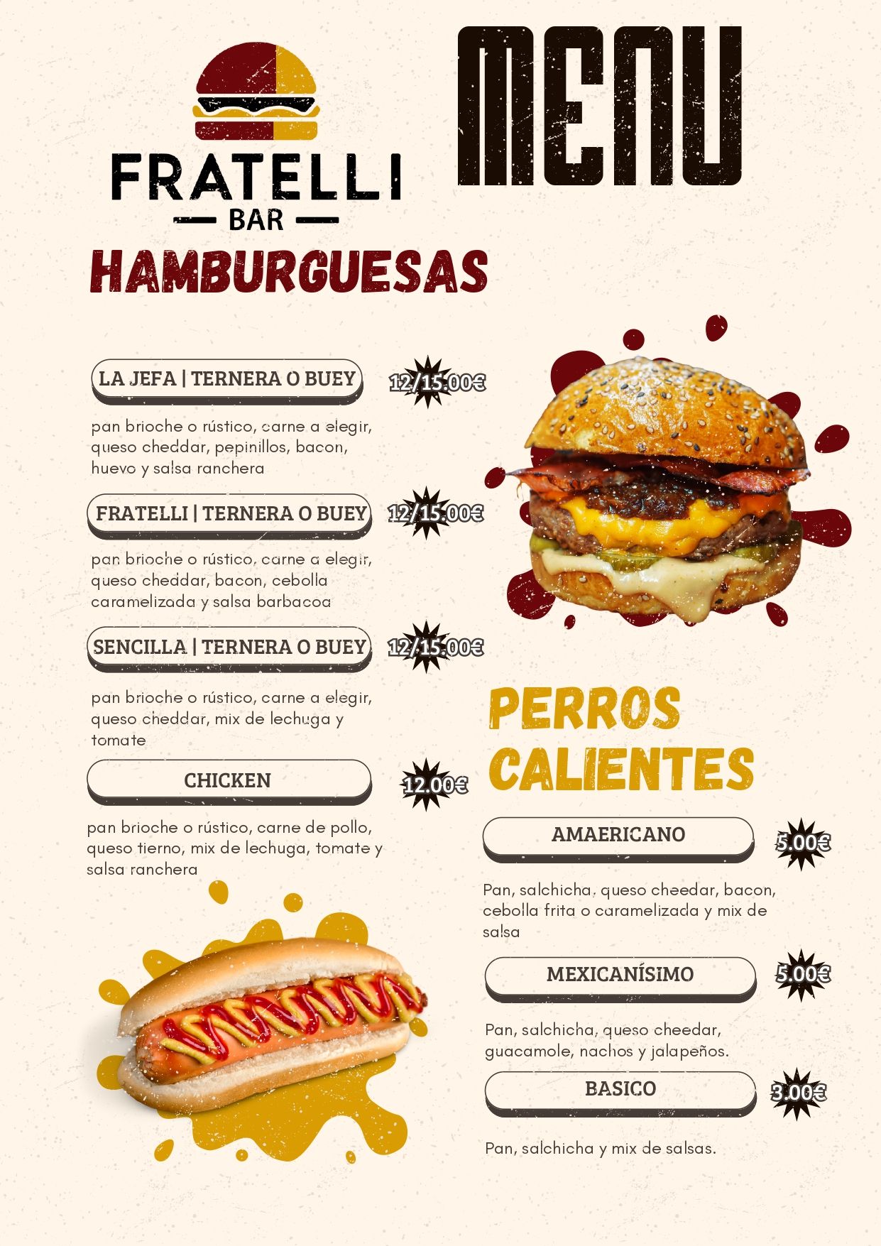 Un menú para un restaurante con un hot dog y una hamburguesa.