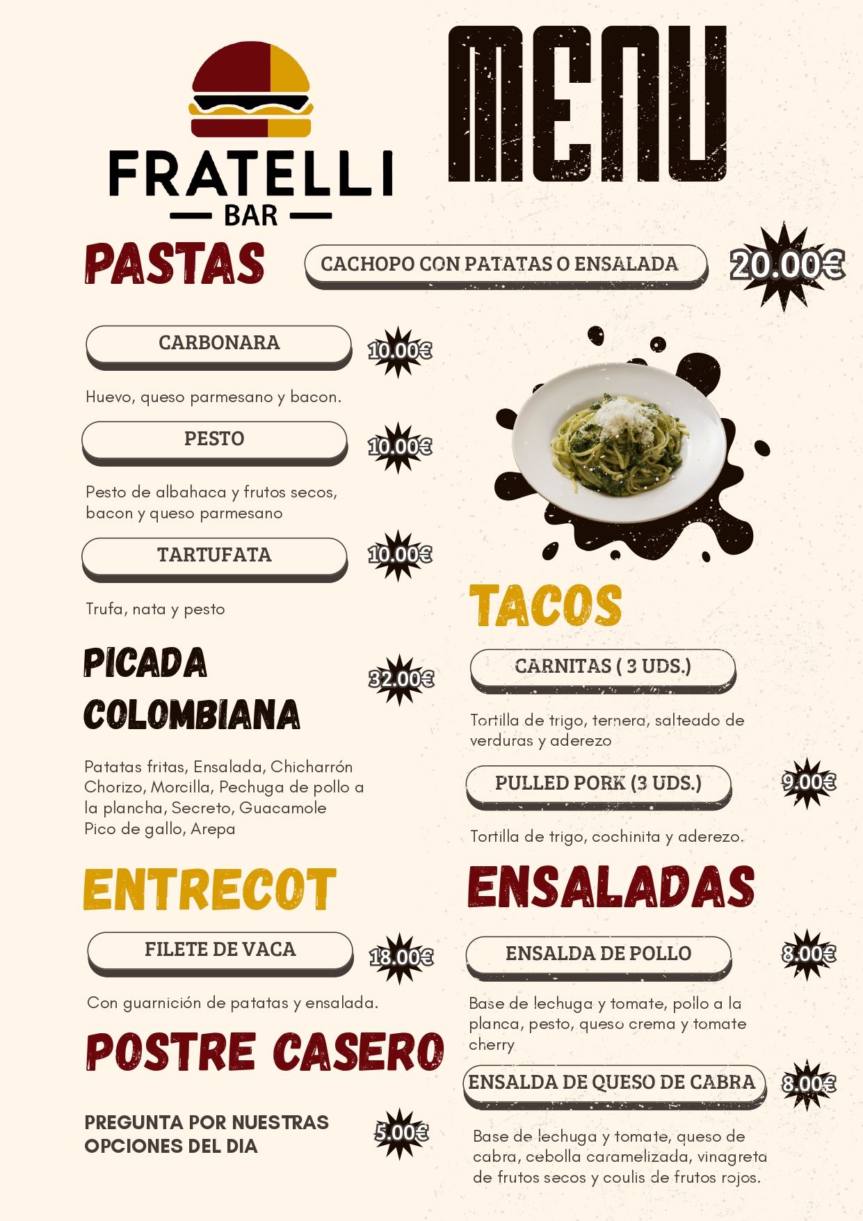 Un menú para un restaurante con una imagen de un plato de comida.