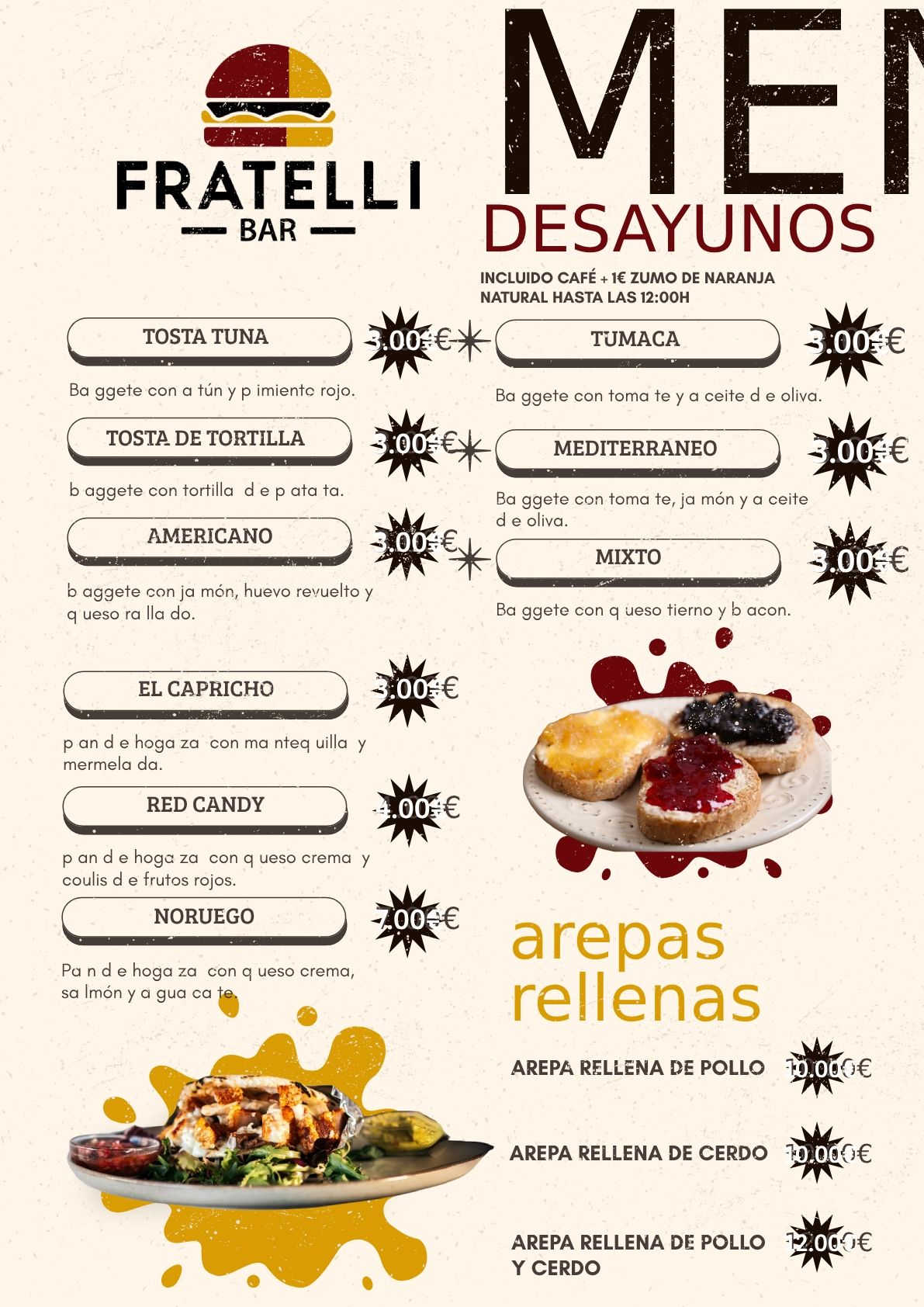 Un menú para un restaurante con una imagen de un plato de comida.