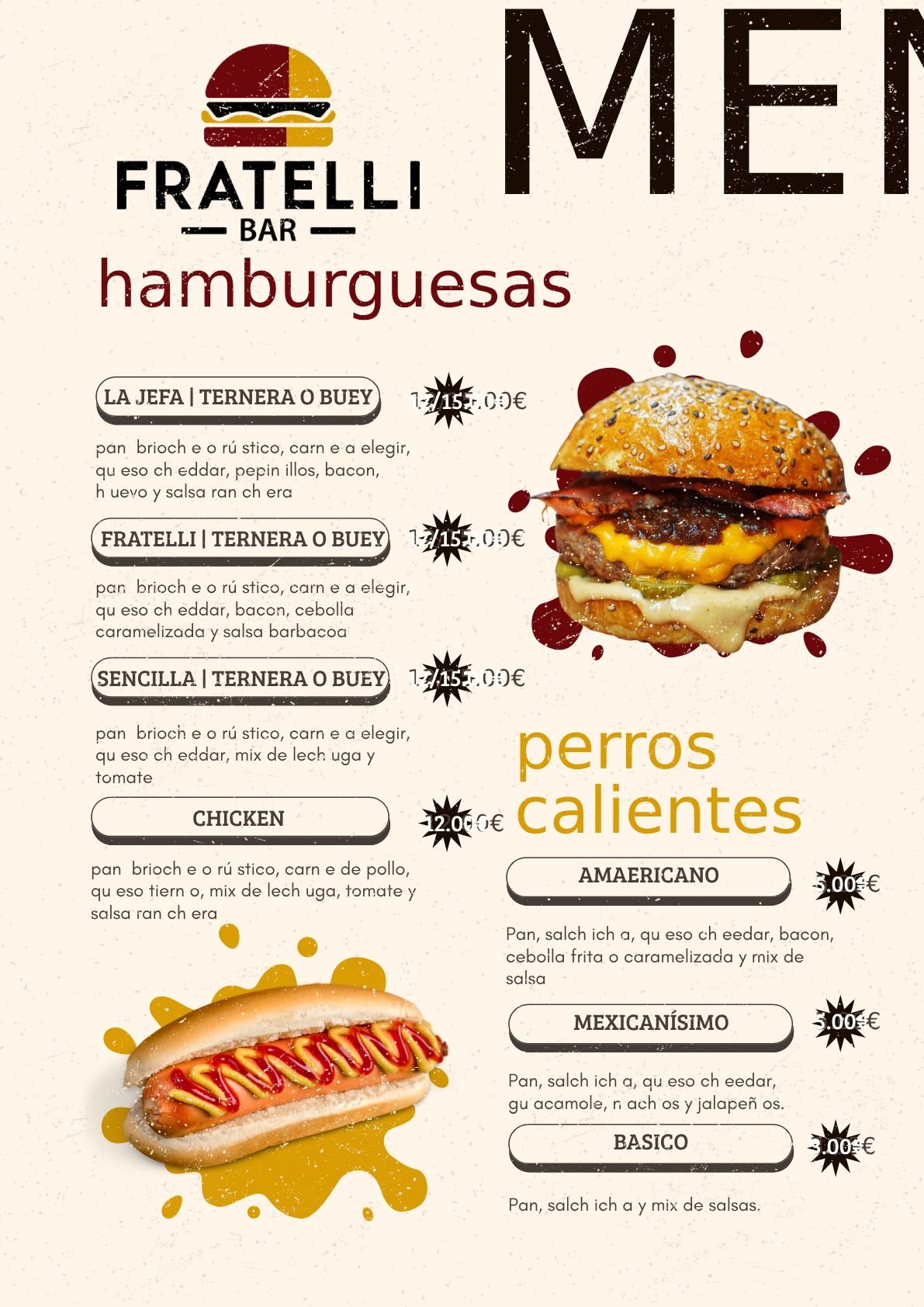Un menú para un restaurante con una hamburguesa y un hot dog.