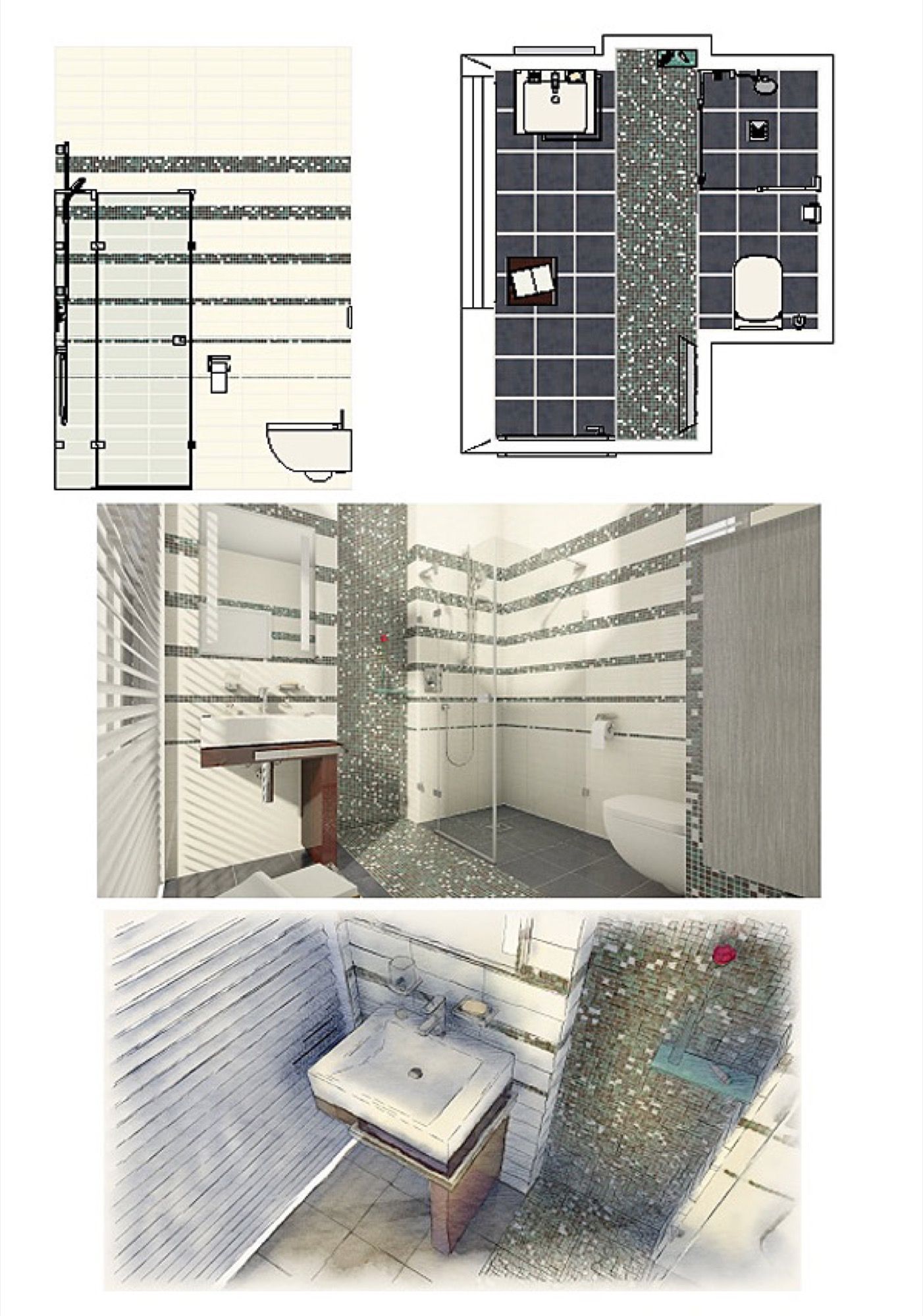 Ein Badezimmer mit Waschbecken, Toilette und Dusche, Scharwat - Fliesen und Naturstein
