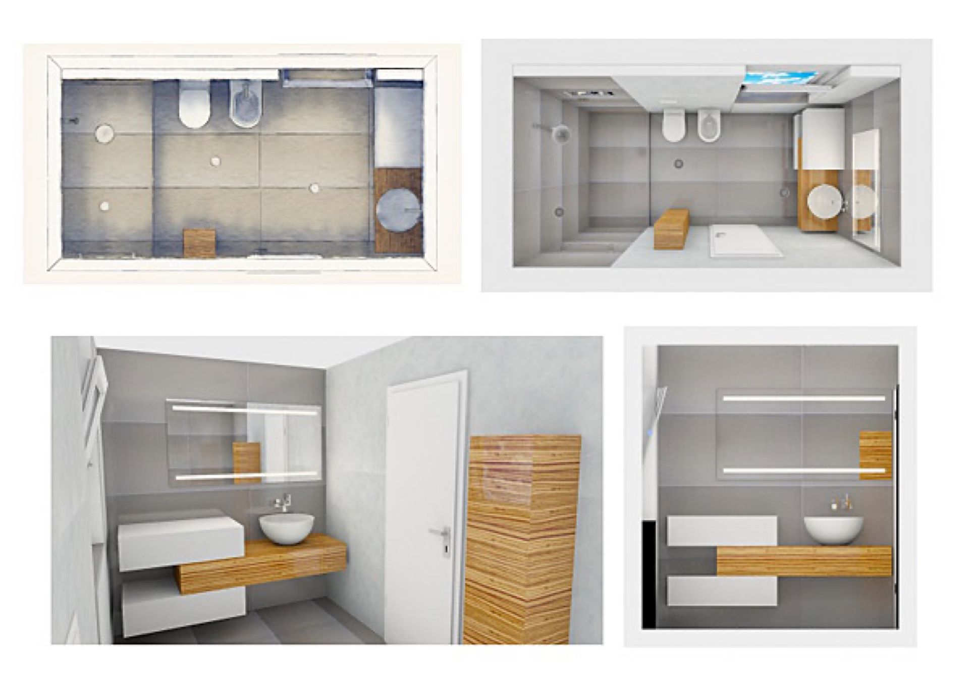 Vier Bilder von einem Badezimmer mit Waschbecken und Toilette, Scharwat - Fliesen und Naturstein