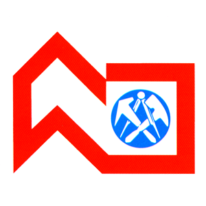 Ein roter Pfeil mit einem blauen Kreis mit zwei Hämmern darin