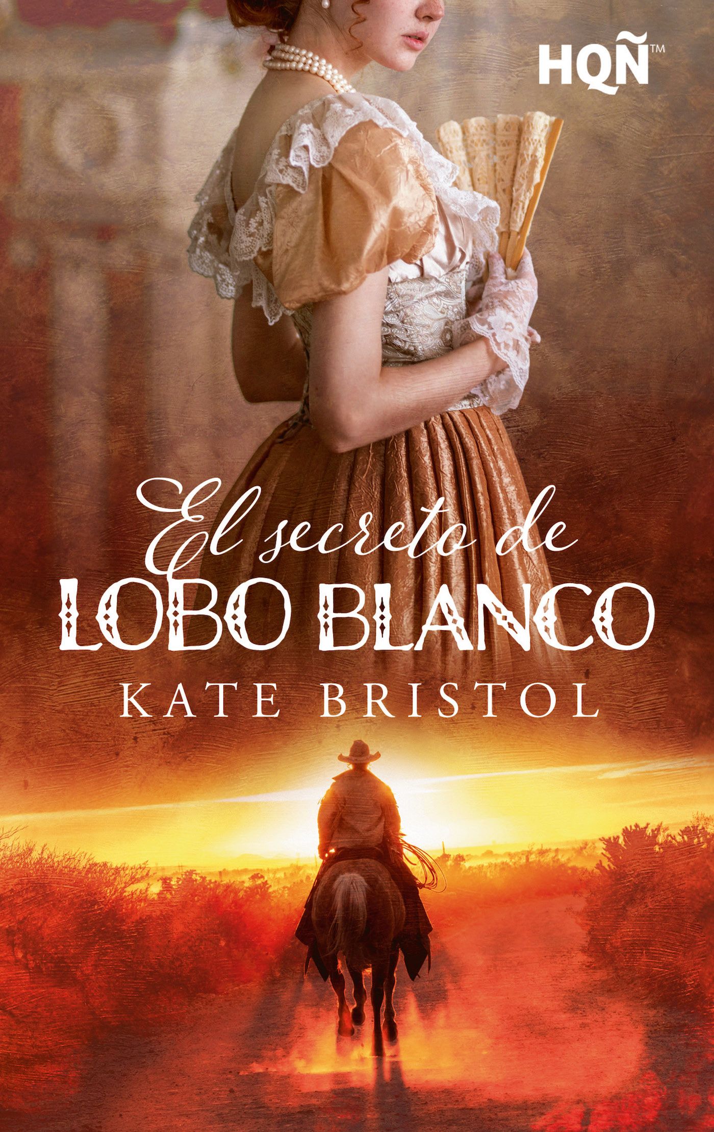 Portada: Una mujer con vestido blanco y abanico, un jinete a caballo sobre un fondo de atardecer, título del libro