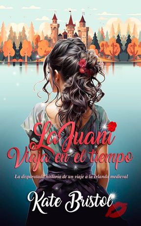 Woman by lake, facing castle, book cover for 