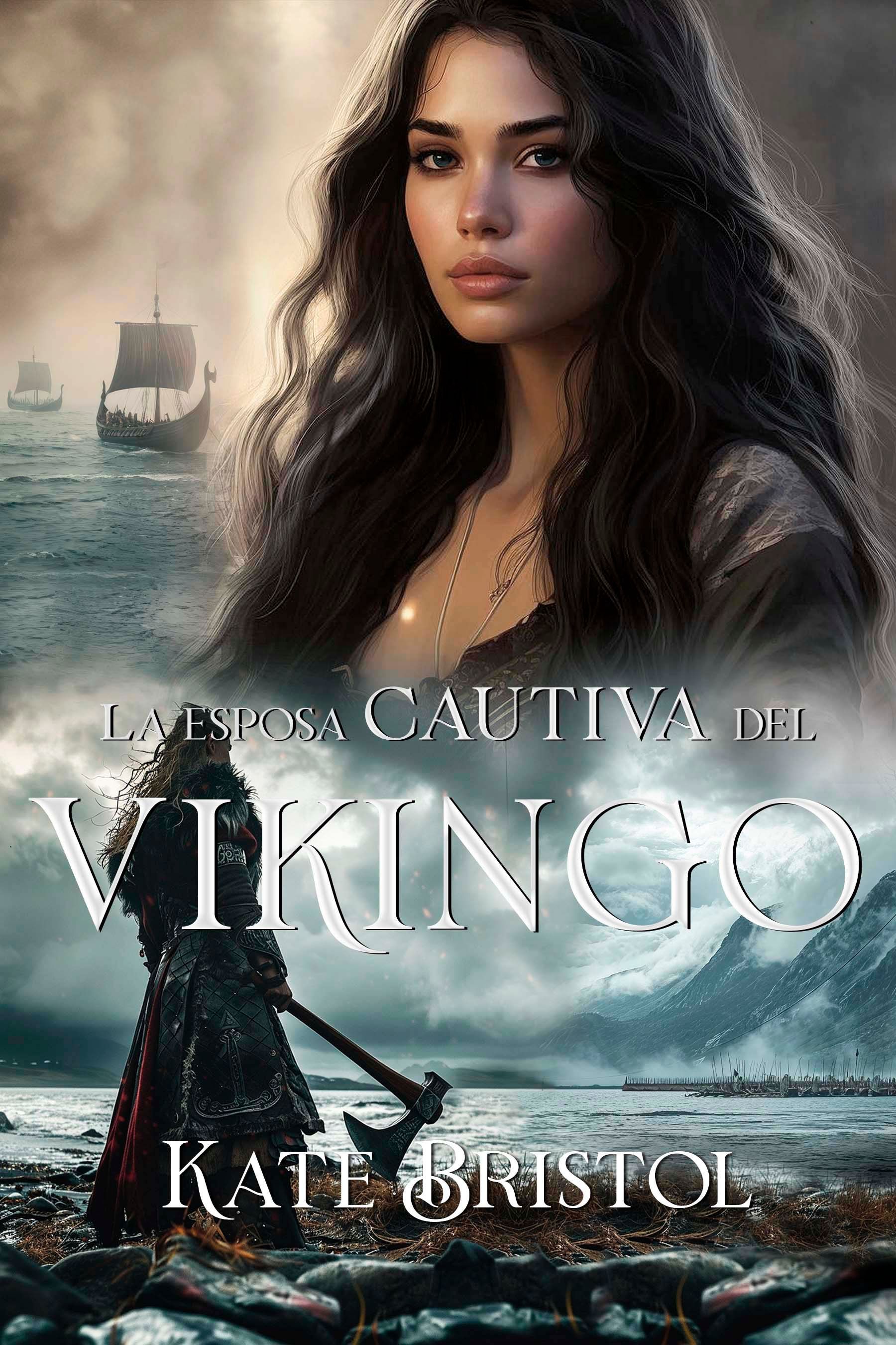 Portada: Una mujer de cabello largo y oscuro mira al espectador. Un vikingo porta un hacha, con barcos navegando al fondo.