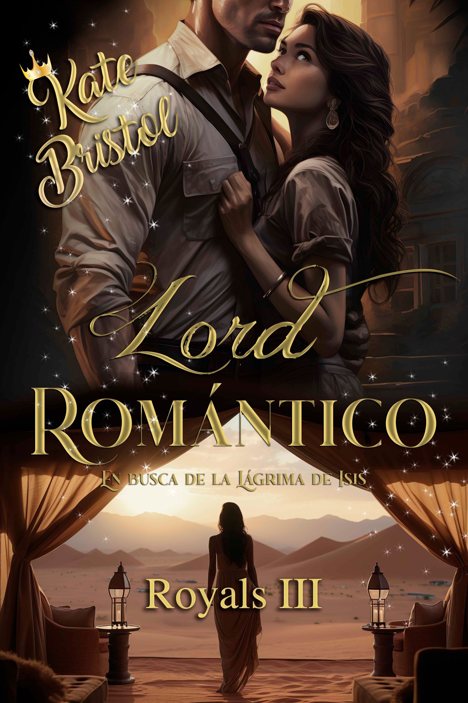 Portada del libro: Un hombre y una mujer se abrazan ante una escena desértica. Se muestra el título