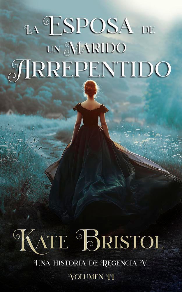 Una mujer con un vestido negro camina por un sendero boscoso. Portada del libro: «La Indomable Señorita Belford», de Kate Bristol.