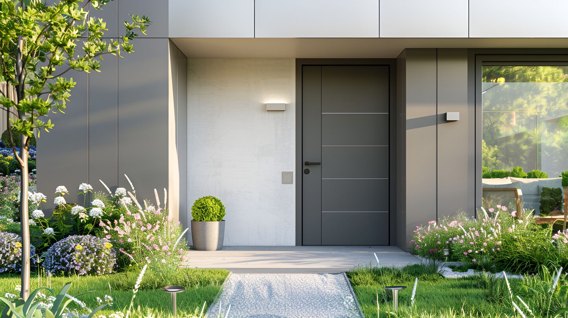 Une porte d'entrée de couleur gris foncé