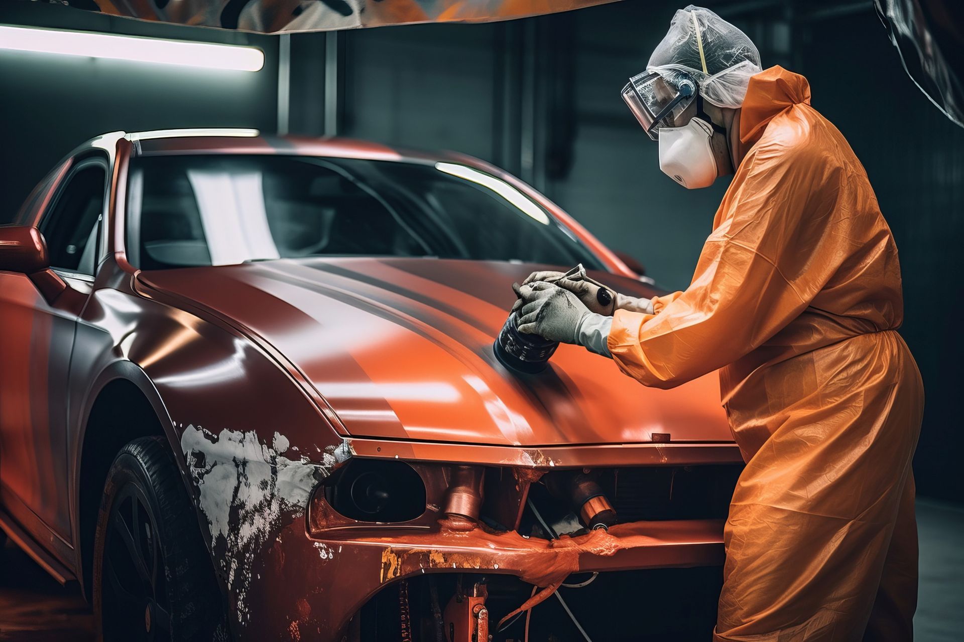Un hombre con un traje de protección está pintando un coche en un garaje.